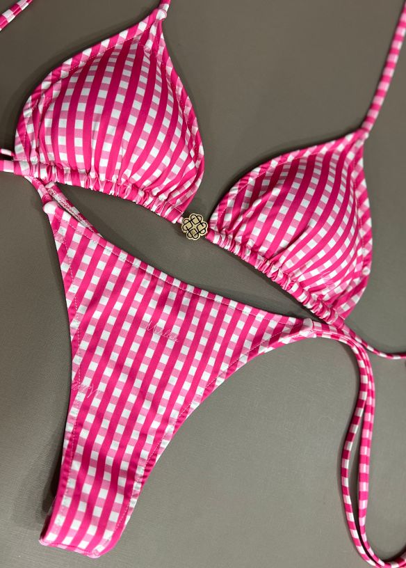 Biquíni Top Cortininha Roletê Slim E Calcinha De Amarrar Fio V Discreto Xadrez Pink Com Off Médio 685
