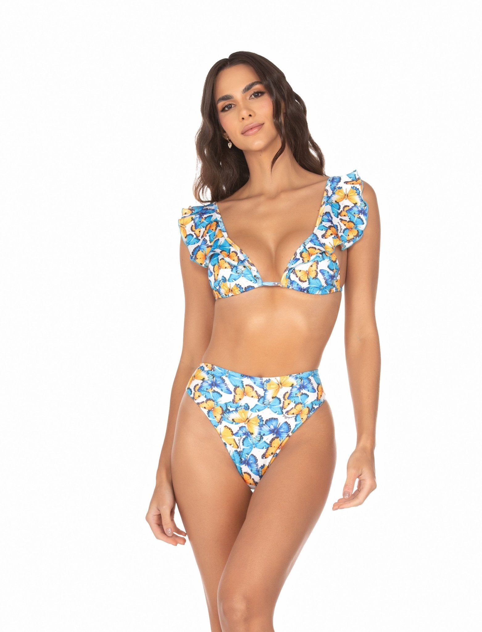 Biquíni Top Cortininha com Babados E Calcinha Hot Pant – Borboleta Azul e Amarelo MADA11023 - MADALLOLA