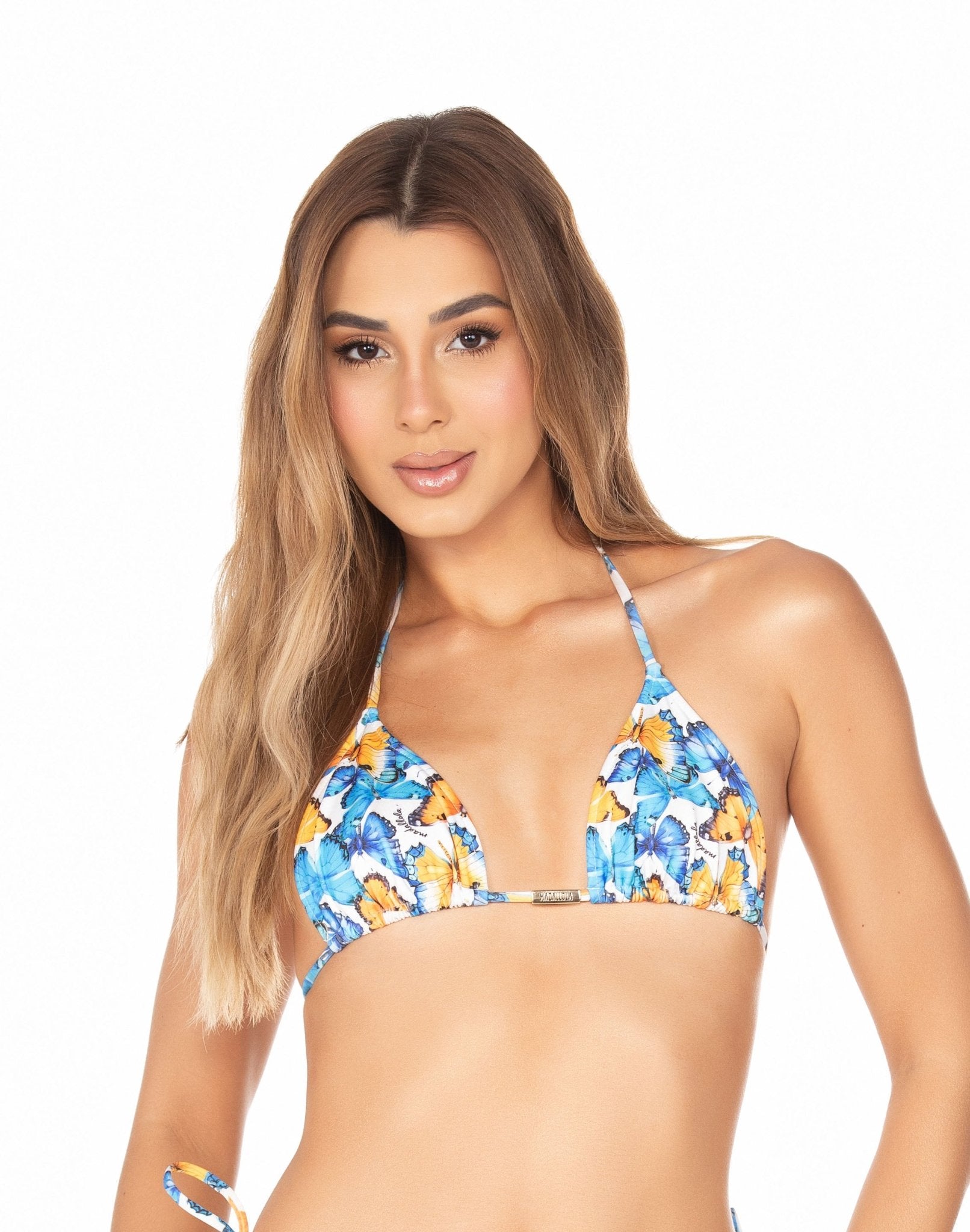 Biquíni Top Cortininha Roletê E Calcinha De Amarrar Borboleta Azul e Amarelo MADA11047 - MADALLOLA