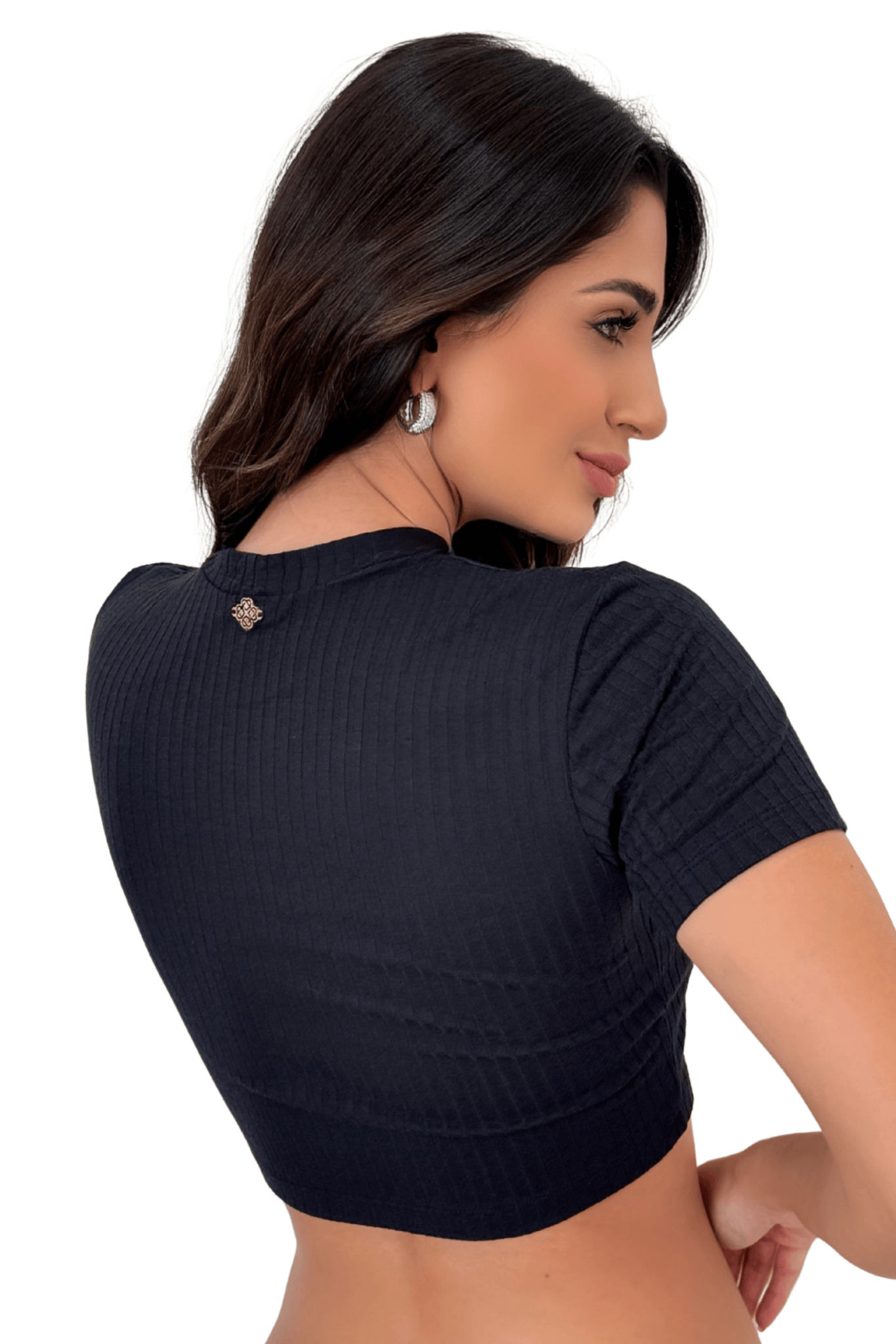 Blusa Cropped Manga Curta Canelada Preto 30007 - MADALLOLA