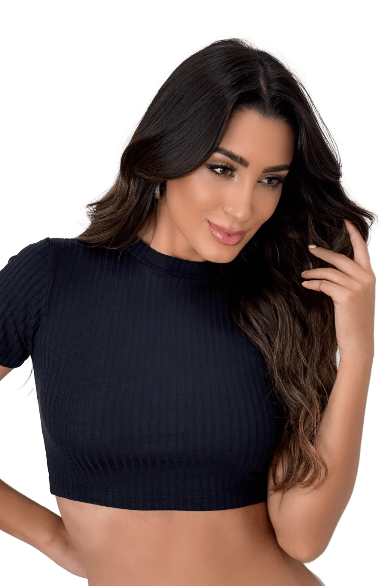 Blusa Cropped Manga Curta Canelada Preto 30007 - MADALLOLA
