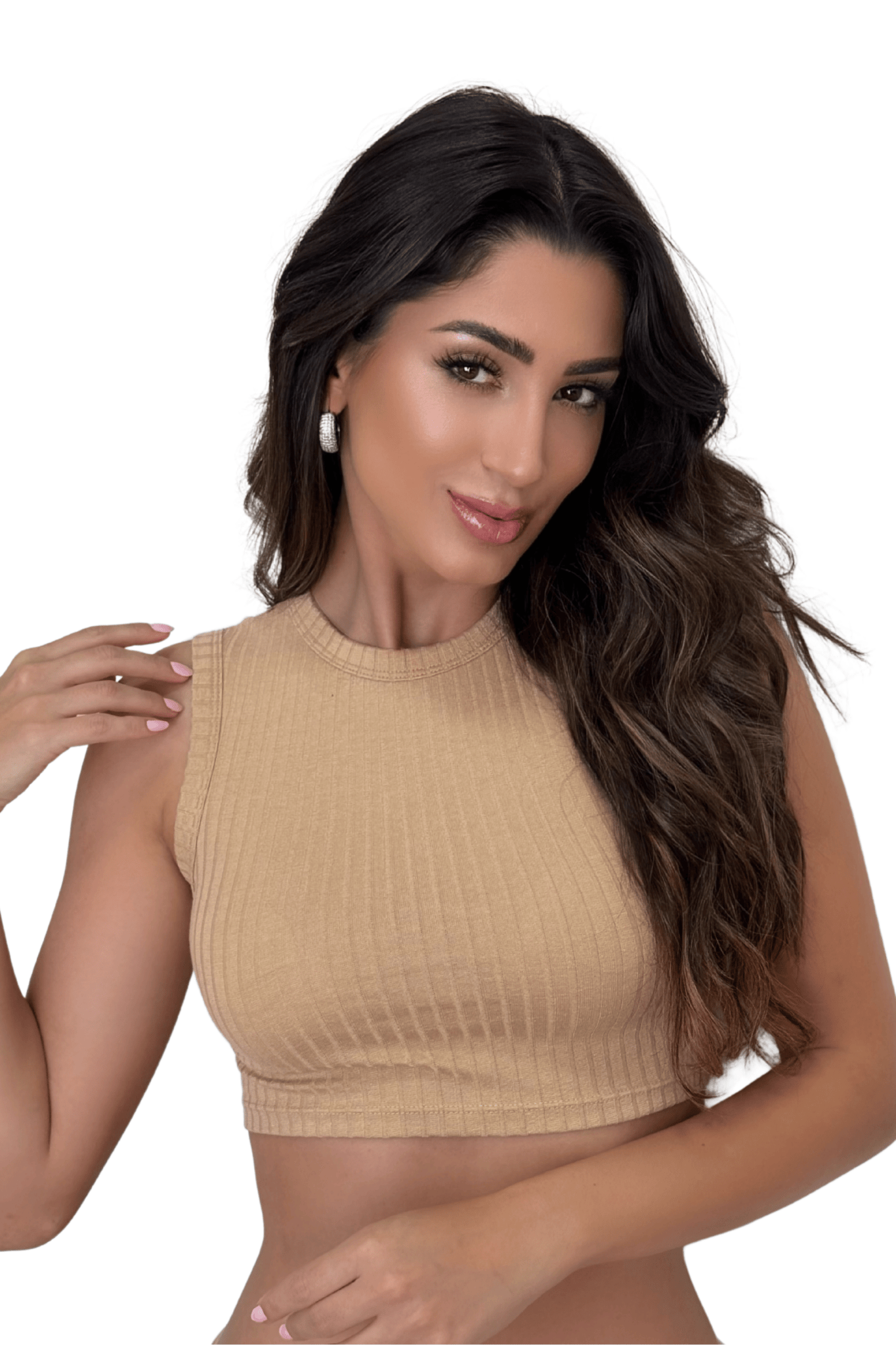 Blusa Cropped Regata Canelada Bege 30005 - MADALLOLA