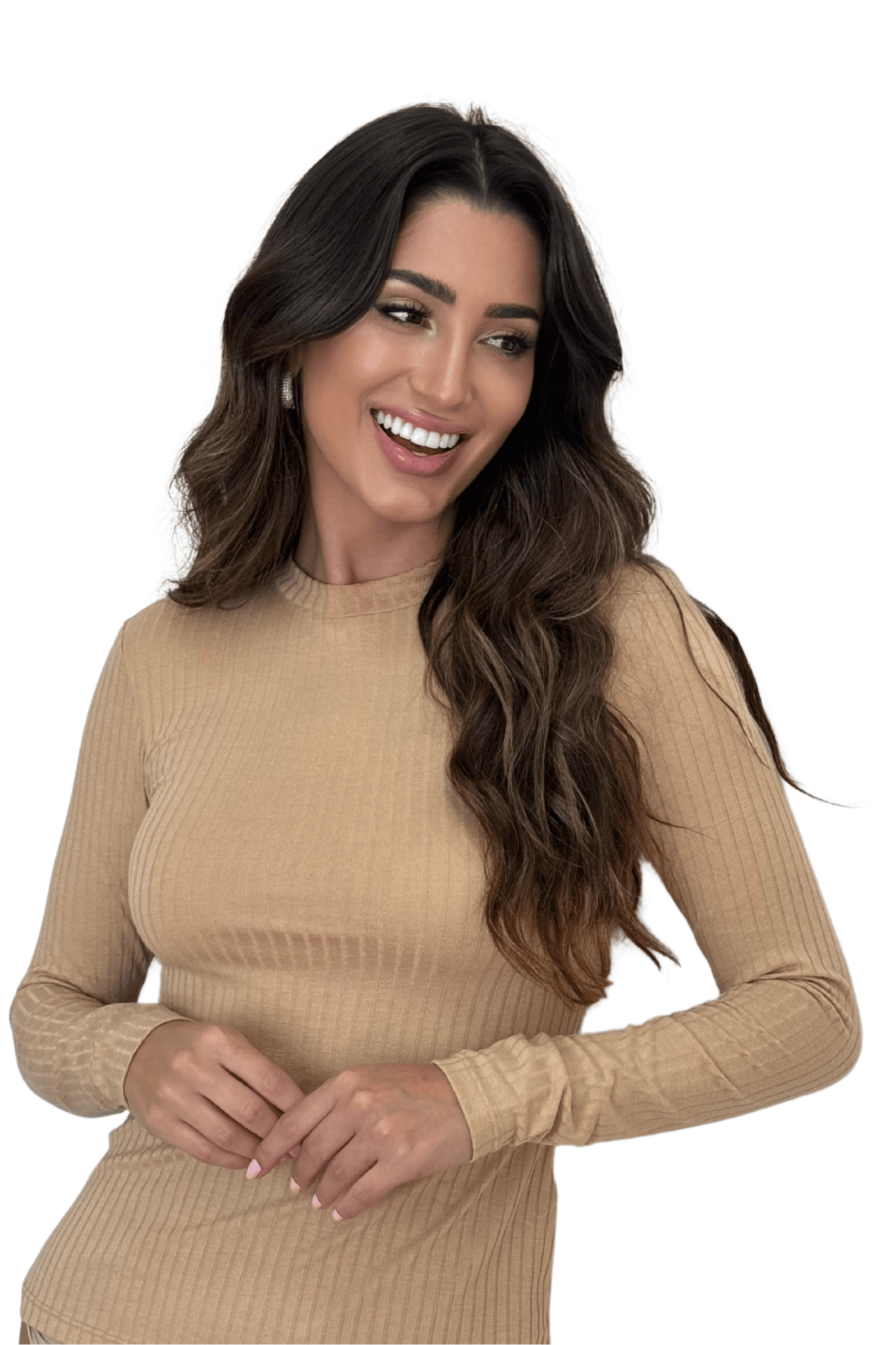 Blusa Manga Longa Canelada Bege 30011 - MADALLOLA