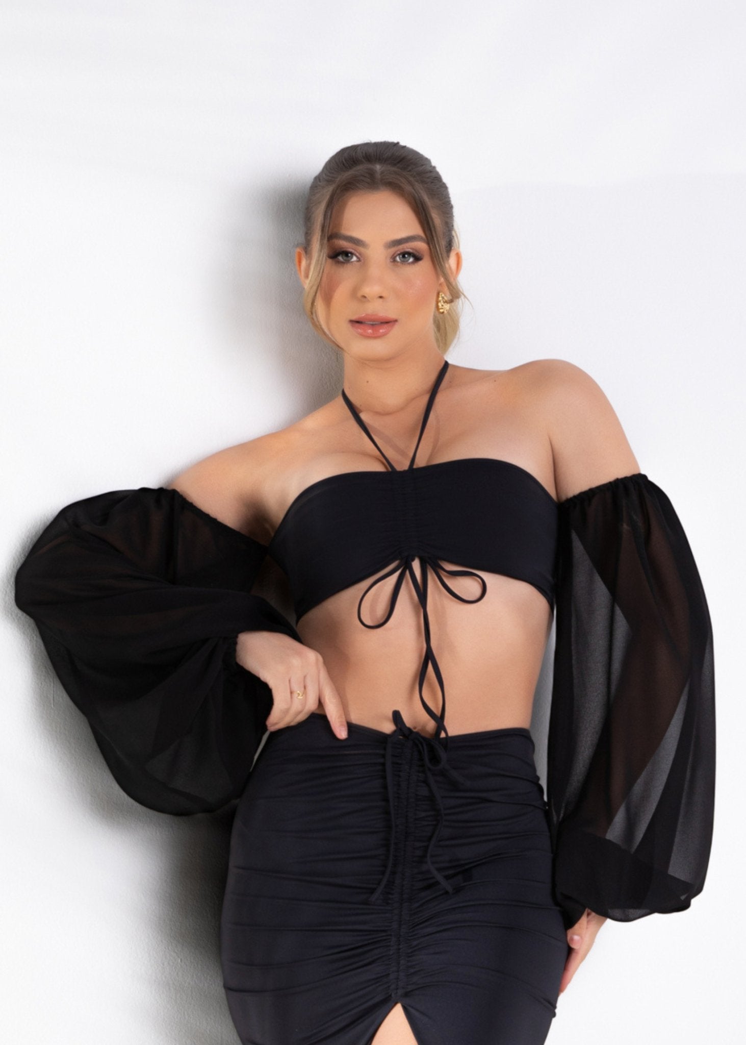 Cropped Manga Bufante Preto C003 - MADALLOLA