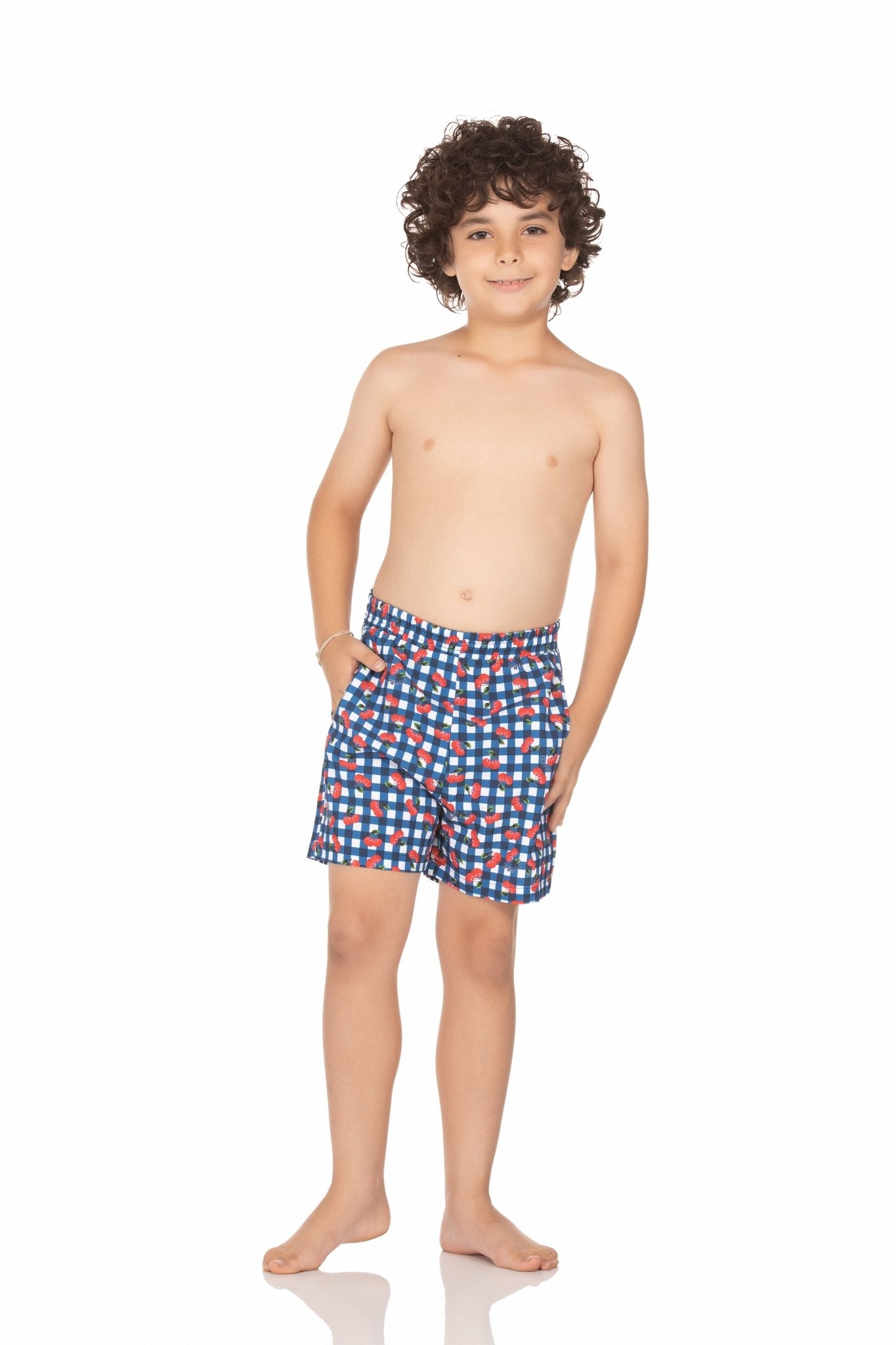 Shorts Praia Infantil Xadrez Azul Com Pitangas MADA11013 - MADALLOLA