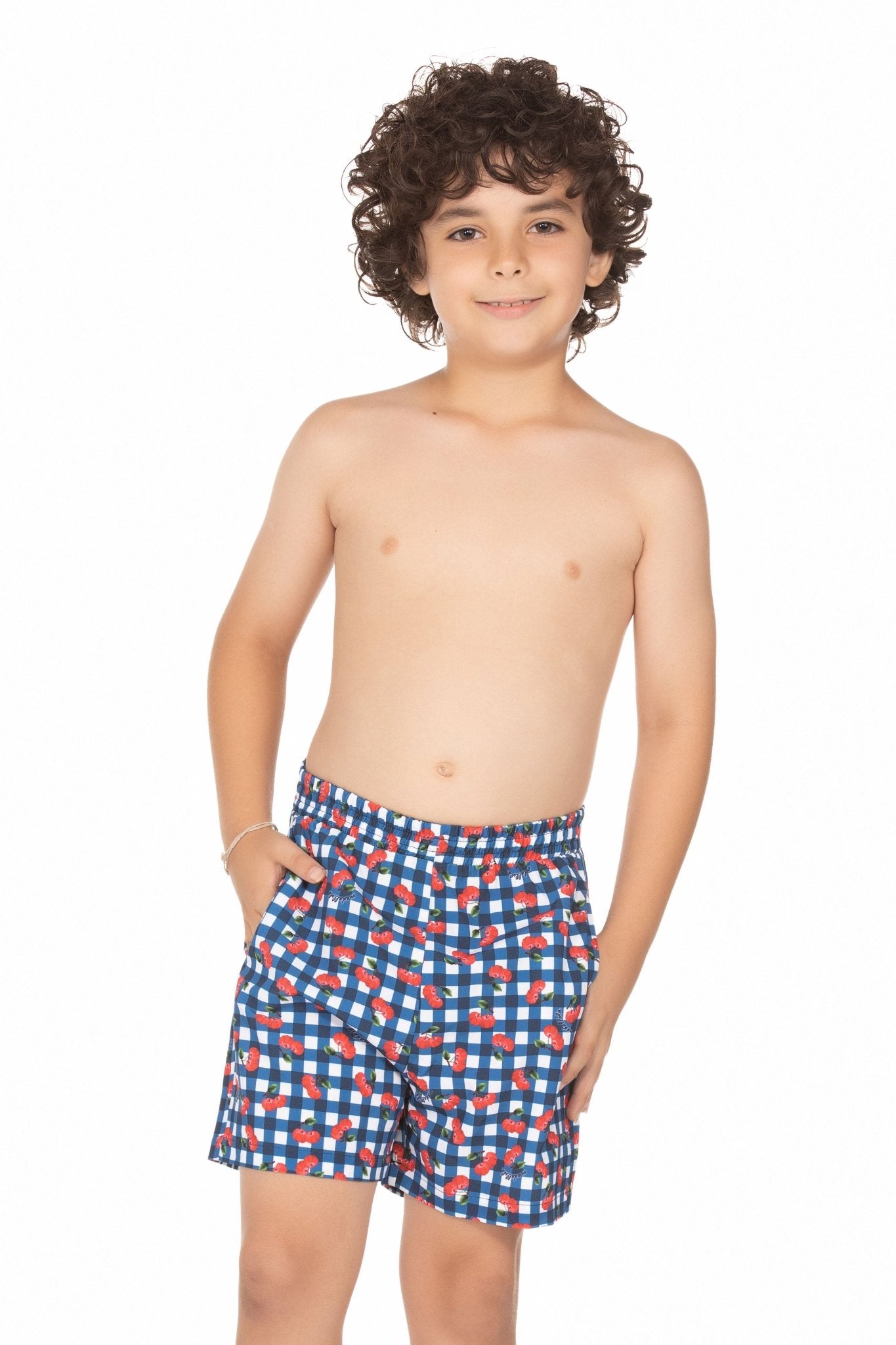 Shorts Praia Infantil Xadrez Azul Com Pitangas MADA11013 - MADALLOLA