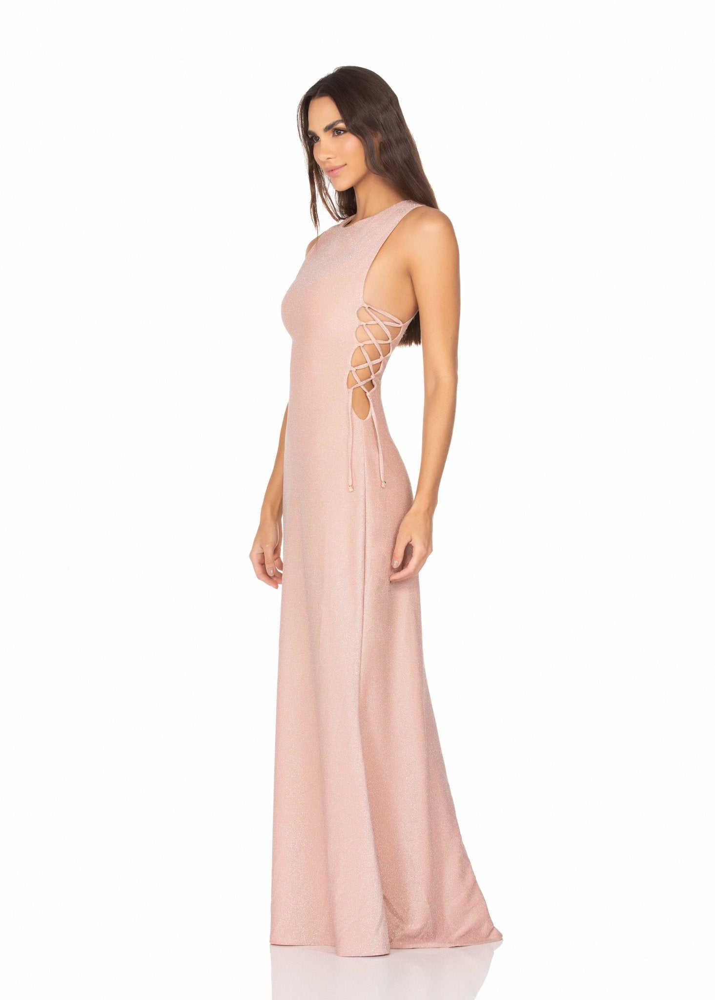 Vestido Longo Com Amarração Lateral – Lurex Rosê MADA11066 - MADALLOLA