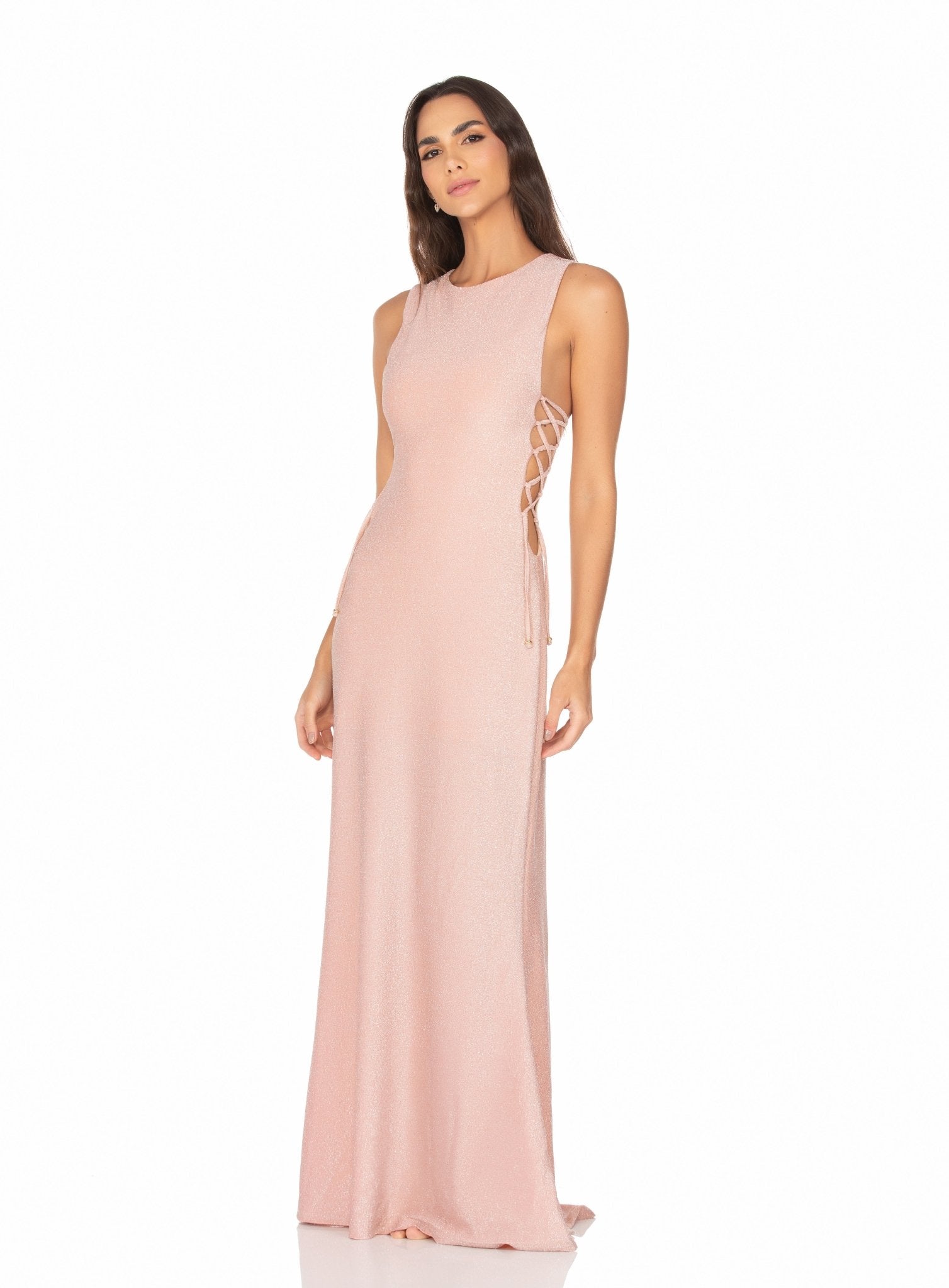 Vestido Longo Com Amarração Lateral – Lurex Rosê MADA11066 - MADALLOLA
