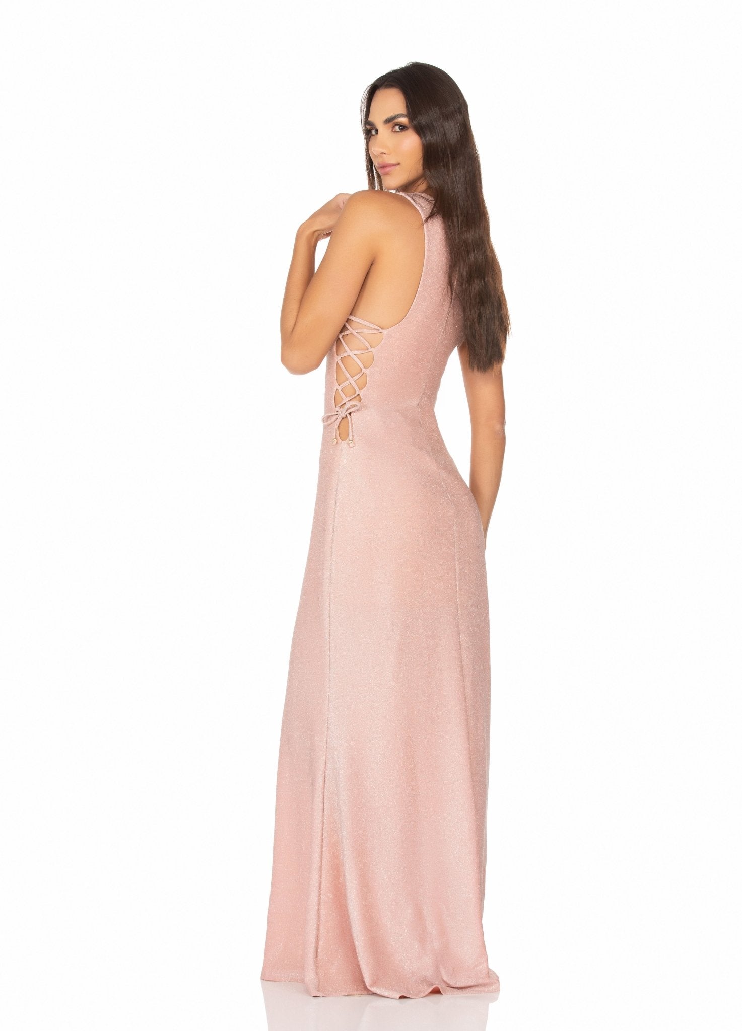 Vestido Longo Com Amarração Lateral – Lurex Rosê MADA11066 - MADALLOLA