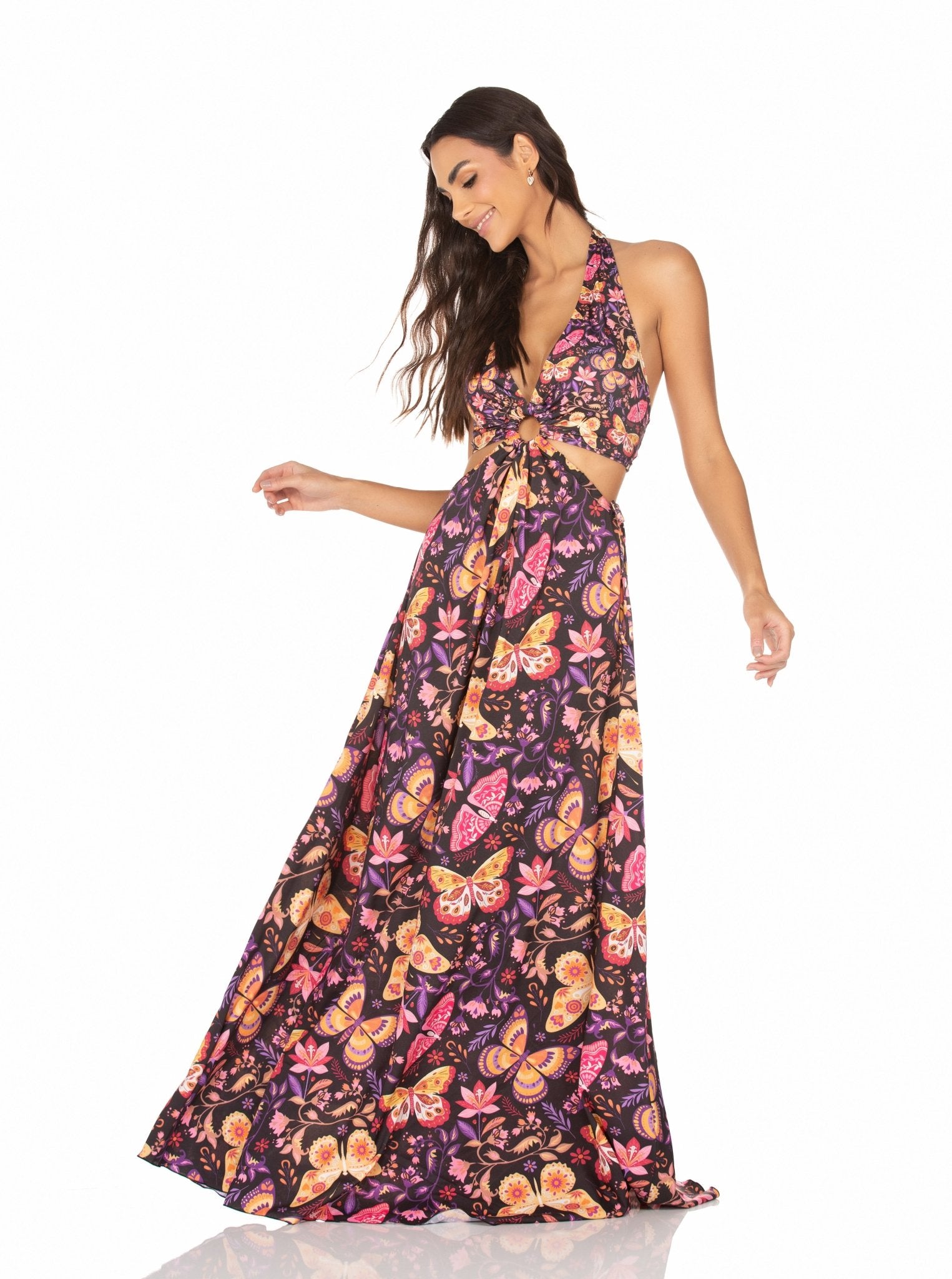 Vestido Longo Com Argola Borboletas Coloridas Fundo Preto MADA11056 - MADALLOLA