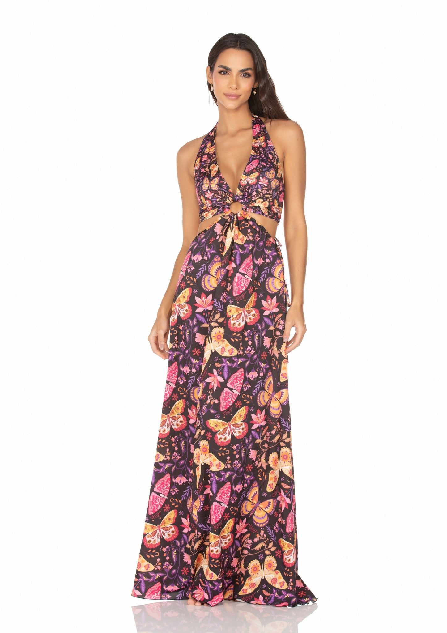 Vestido Longo Com Argola Borboletas Coloridas Fundo Preto MADA11056 - MADALLOLA