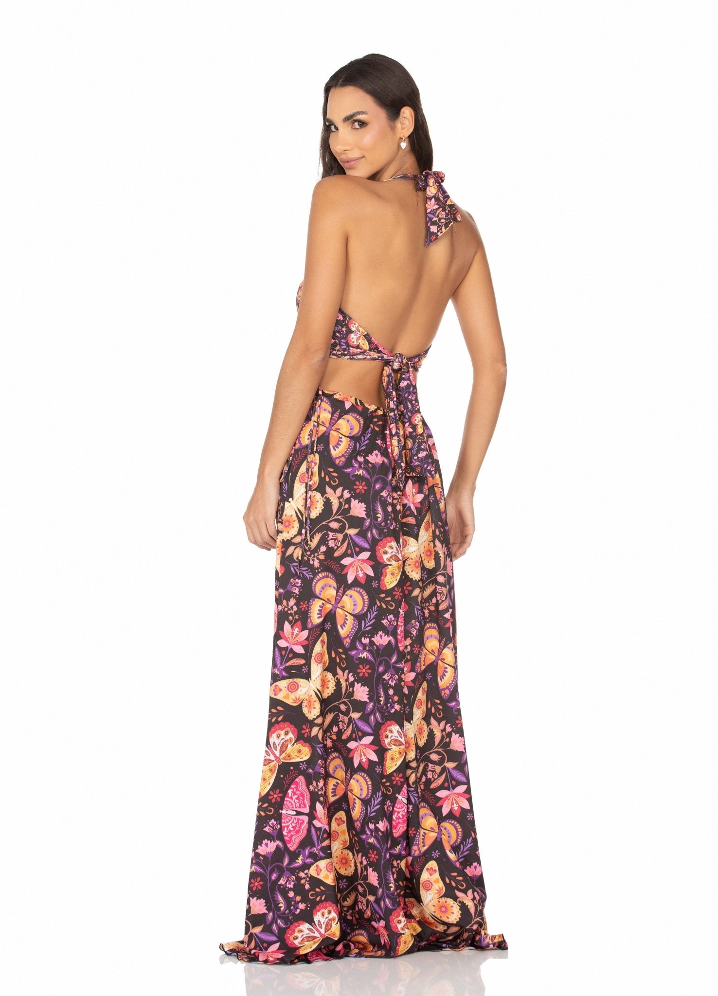Vestido Longo Com Argola Borboletas Coloridas Fundo Preto MADA11056 - MADALLOLA