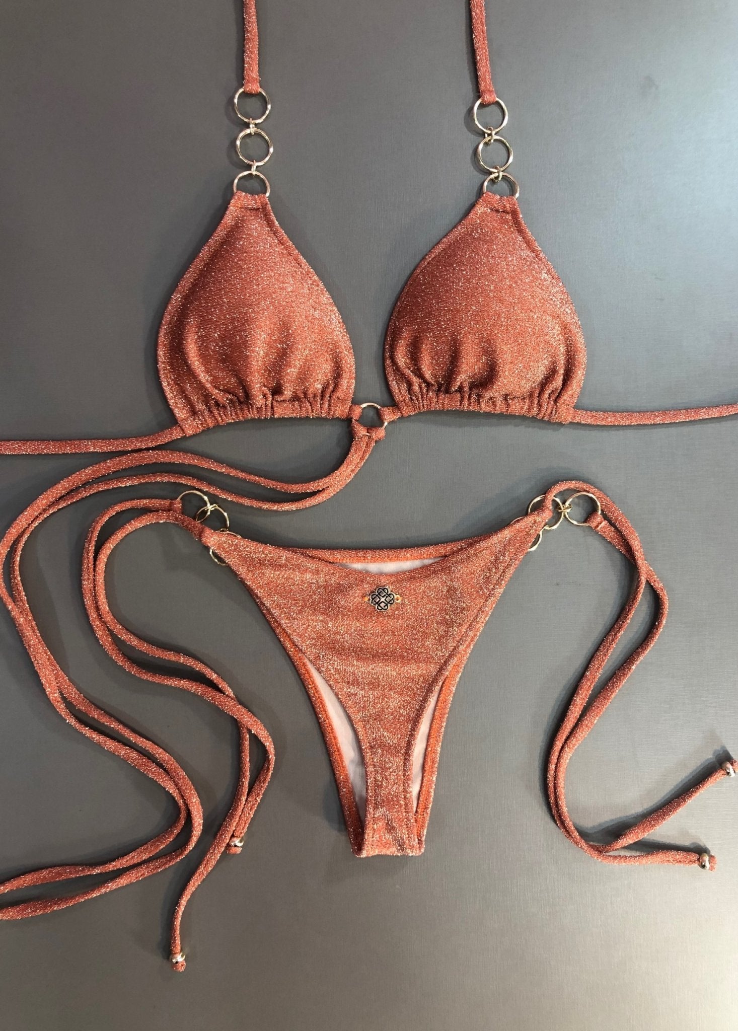 Biquíni Argolas Top Cortininha Roletê E Calcinha de Amarrar Lurex Laranja 730 - Amanda Paggi - MADALLOLA