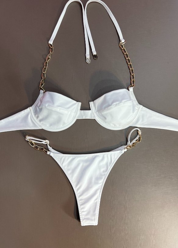 Biquíni Corrente Top Meia Taça E Calcinha Fita Fio Discreto Off White 417 - MADALLOLA