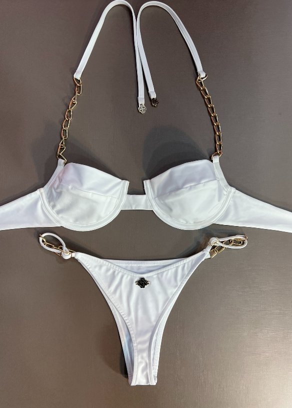 Biquíni Corrente Top Meia Taça E Calcinha Fita Fio Discreto Off White 417 - MADALLOLA