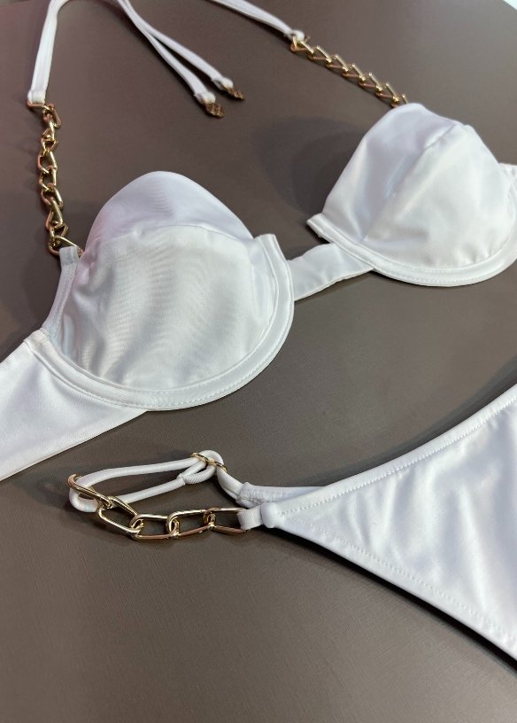 Biquíni Corrente Top Meia Taça E Calcinha Fita Fio Discreto Off White 417 - MADALLOLA