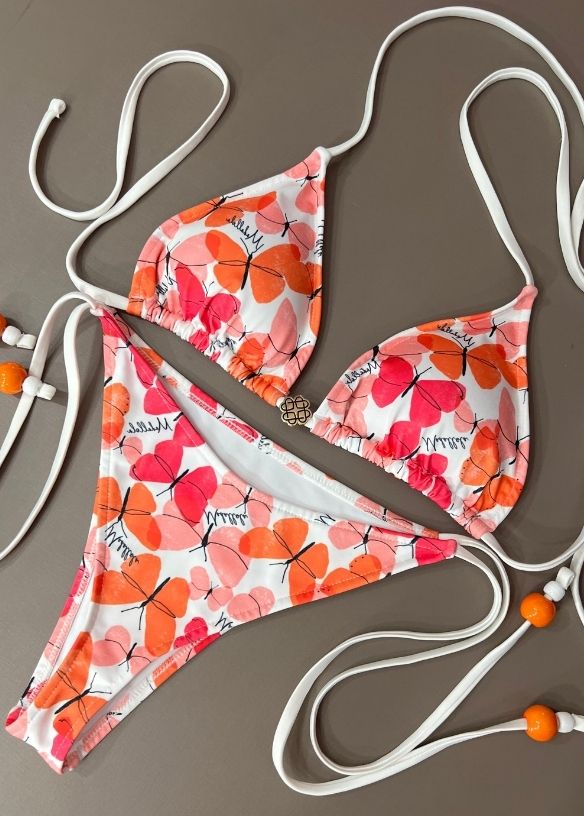 Biquíni Top Cortininha Roletê E Calcinha De Amarrar Fio V Discreto Borboleta Laranja 809 - MADALLOLA