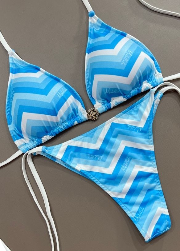 Biquíni Top Cortininha Roletê E Calcinha De Amarrar Fio V Discreto Geométrico Azul 811 - MADALLOLA