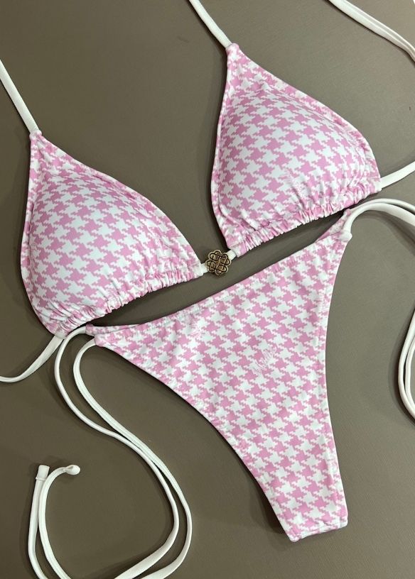 Biquíni Top Cortininha Roletê E Calcinha De Amarrar Fio V Discreto Geométrico Rosa 802 - MADALLOLA
