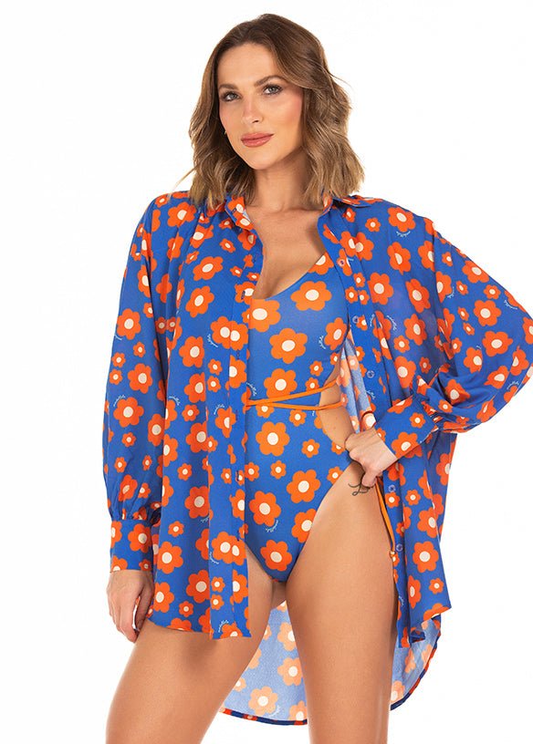 Camisa Over Flor Fundo Azul 873 - Flowers - MADALLOLA