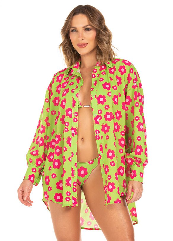 Camisa Over Flor Fundo Verde 860 - Flowers - MADALLOLA