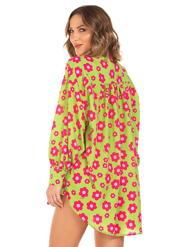 Camisa Over Flor Fundo Verde 860 - Flowers - MADALLOLA