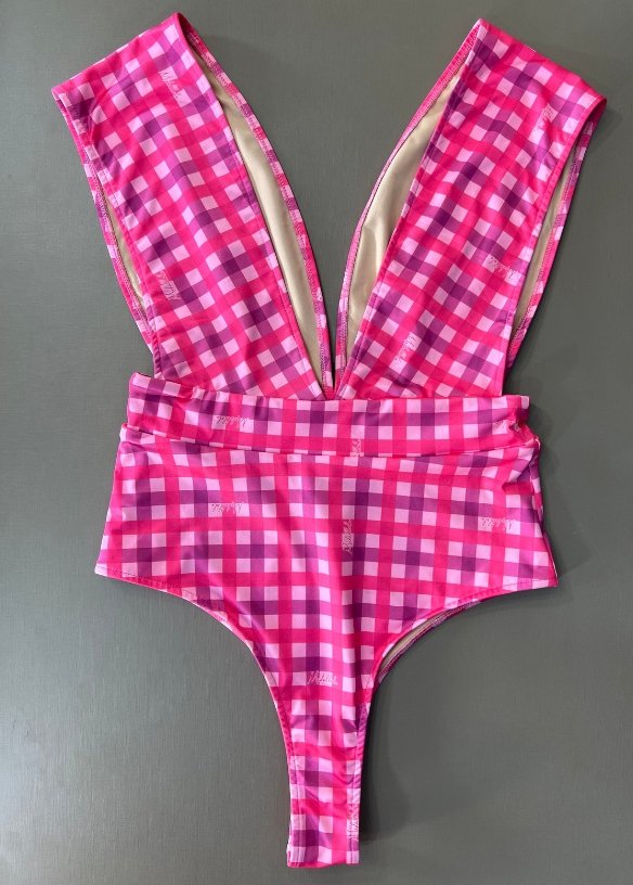 Maiô Decote V Xadrez Pink 598 - MADALLOLA